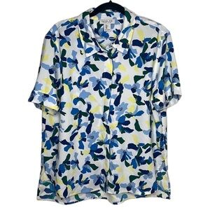 Rachel Zoe Blue Yellow Floral Button Up Oversized Shirt Sz L